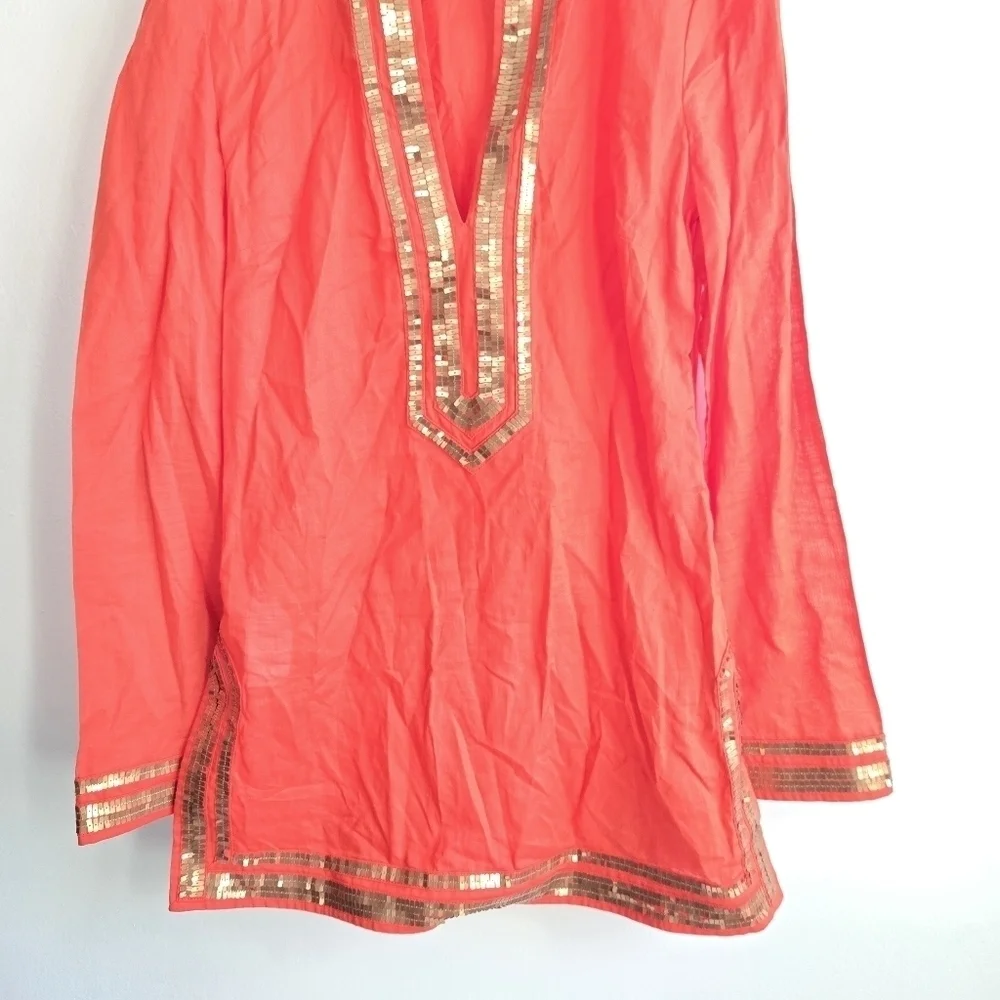New Tory Burch Gold Embellished Long Sleeve Orange Caftan Tunic Top Size 0